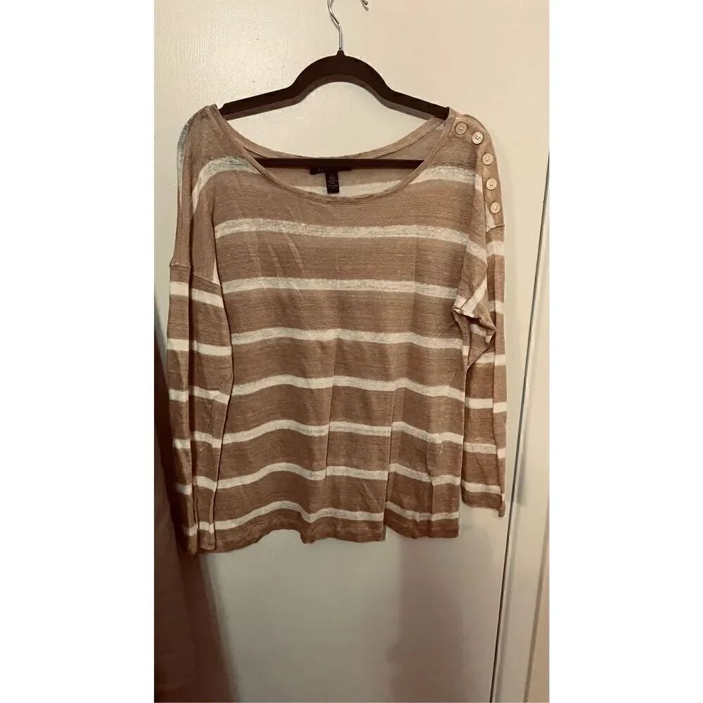 LAUREN RALPH LAUREN TAN WHITE STRIPE LINEN TOP WOMENS SIZE L